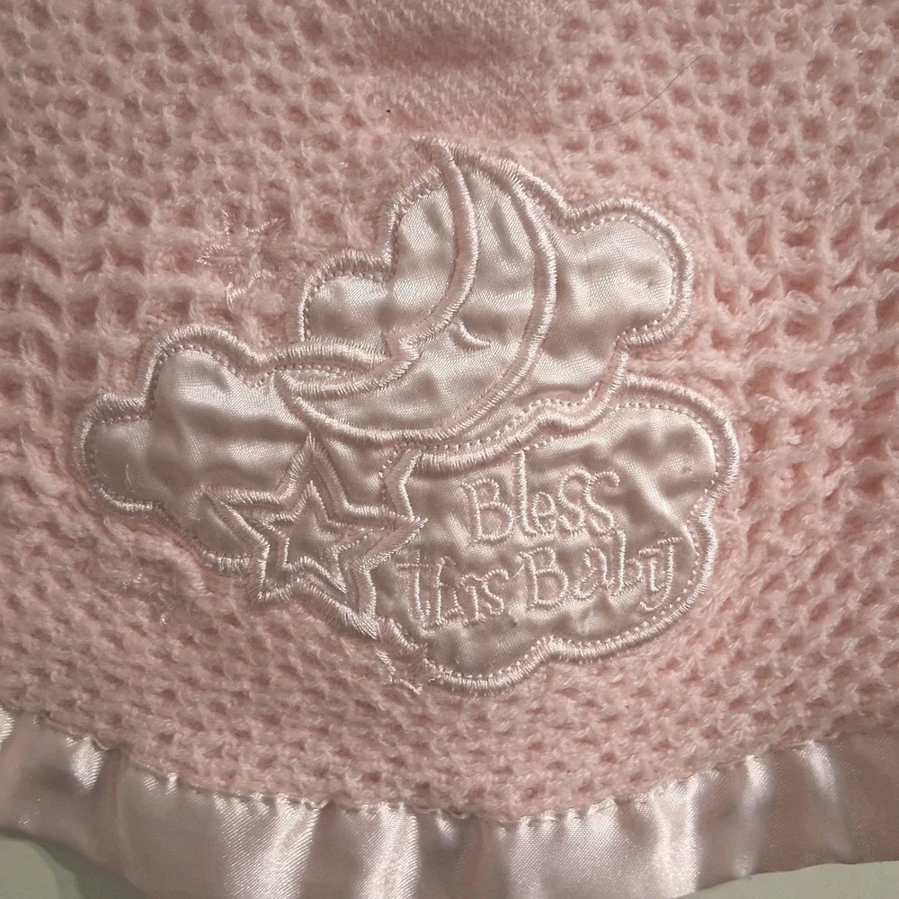 Kidgets Pink Waffle Weave Satin Edge Bless This Baby Blanket 28x29 Thermal Lovey